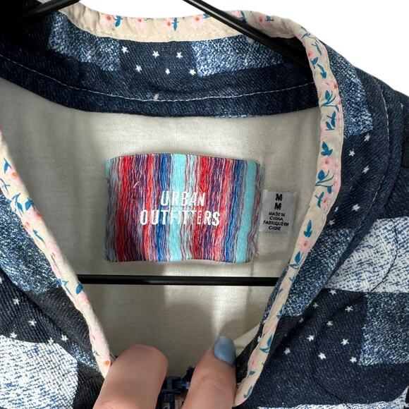 Urban Outfitters Mila Fleece Patchwork jacket‎ Cream Navy Medium Warm Cozy - Picture 5 of 9